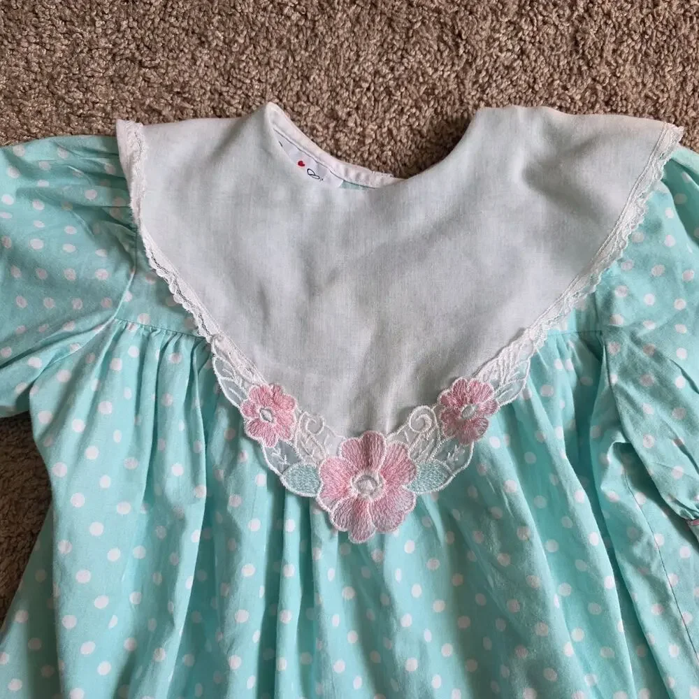 Vintage Cottagecore Polka Dot Peasant Prairie Dress Collar Girls Size 4 Blue 90s